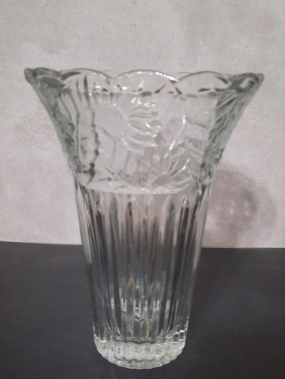 KIG Malaysia Glass Ribbed Vase with Embossed Sunflower Design